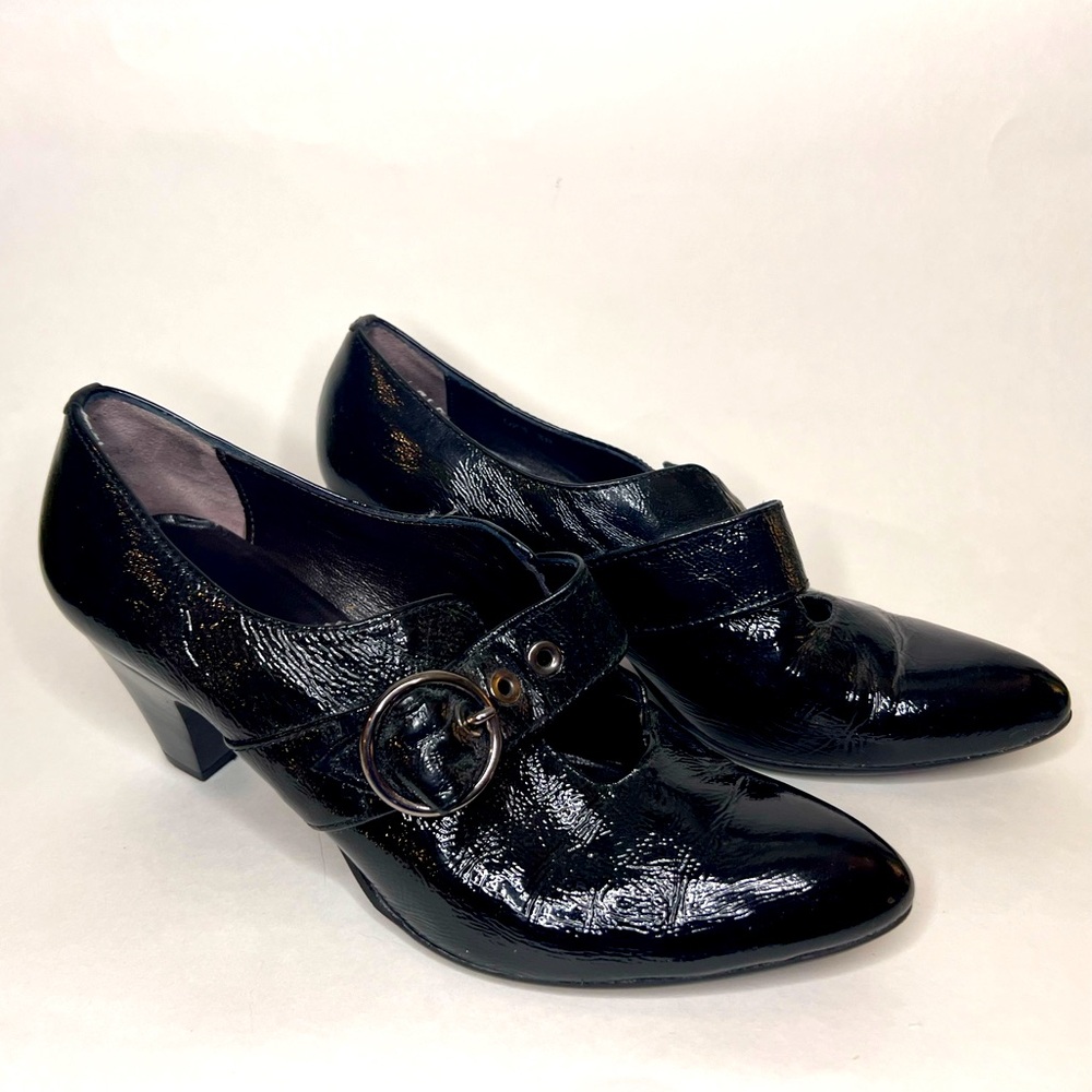 Arnold Churgin Black Leather Wicked Witch Buckle High Heel Pumps Shoes Size 38